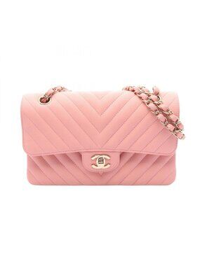 Chanel Shoulder Bag Quilted Double Flap Pink Caviar Leather Chevron Stitch